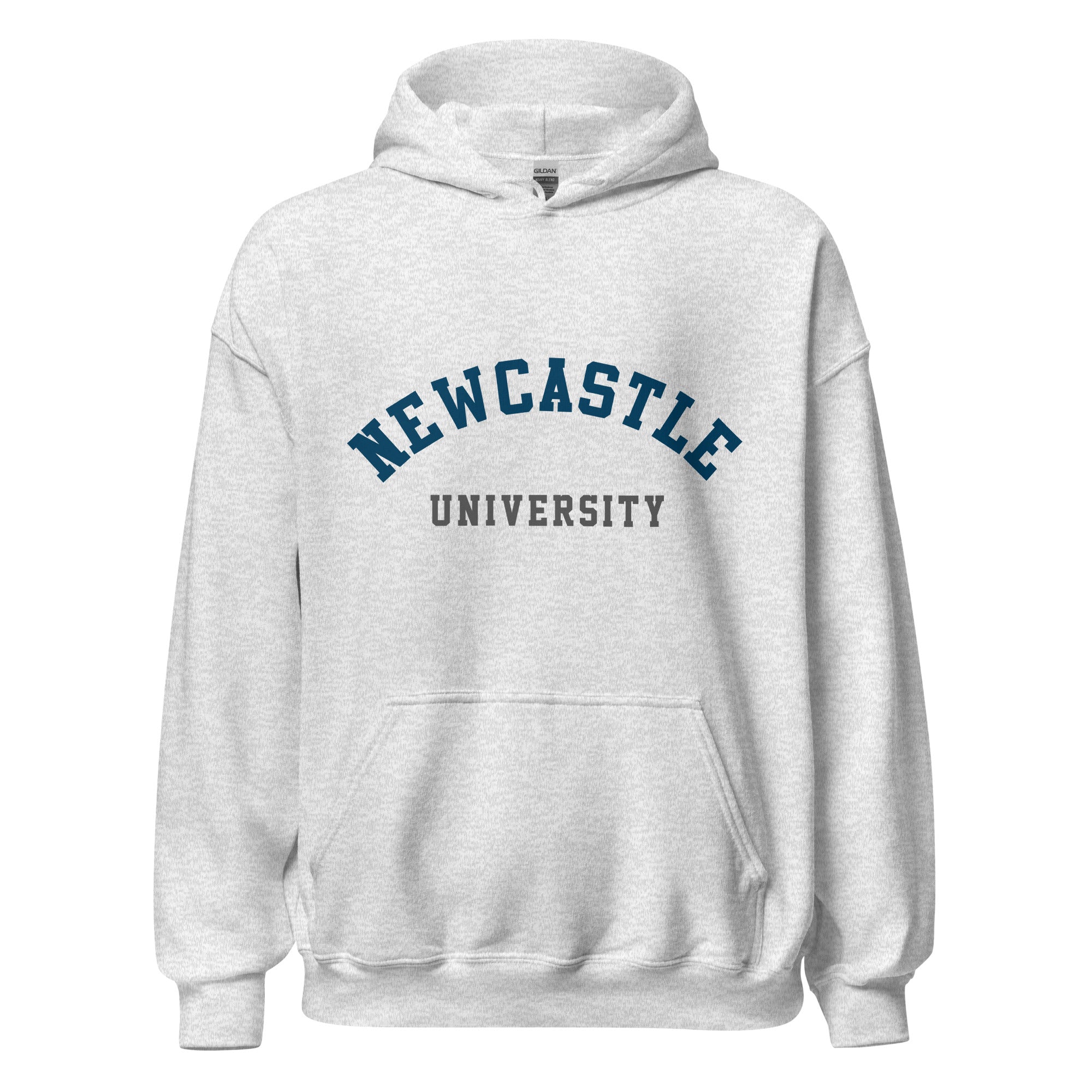 Unisex heather gray hoodie featuring Newcastle University logo printed across the front chest