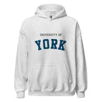 Unisex heather gray hoodie featuring University of York logo printed across the front chest
