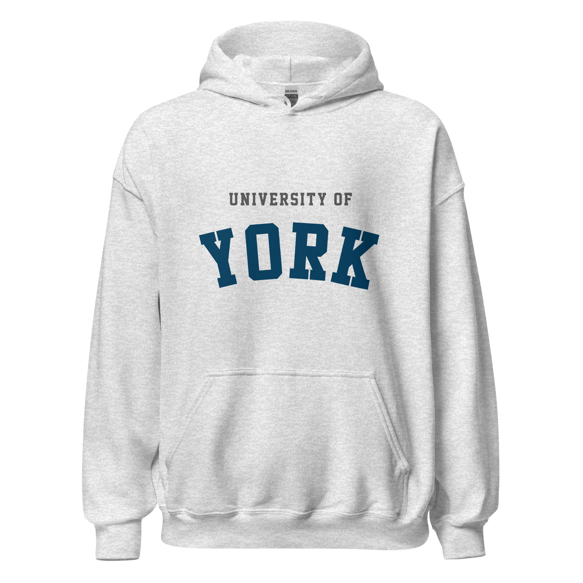 Unisex heather gray hoodie featuring University of York logo printed across the front chest
