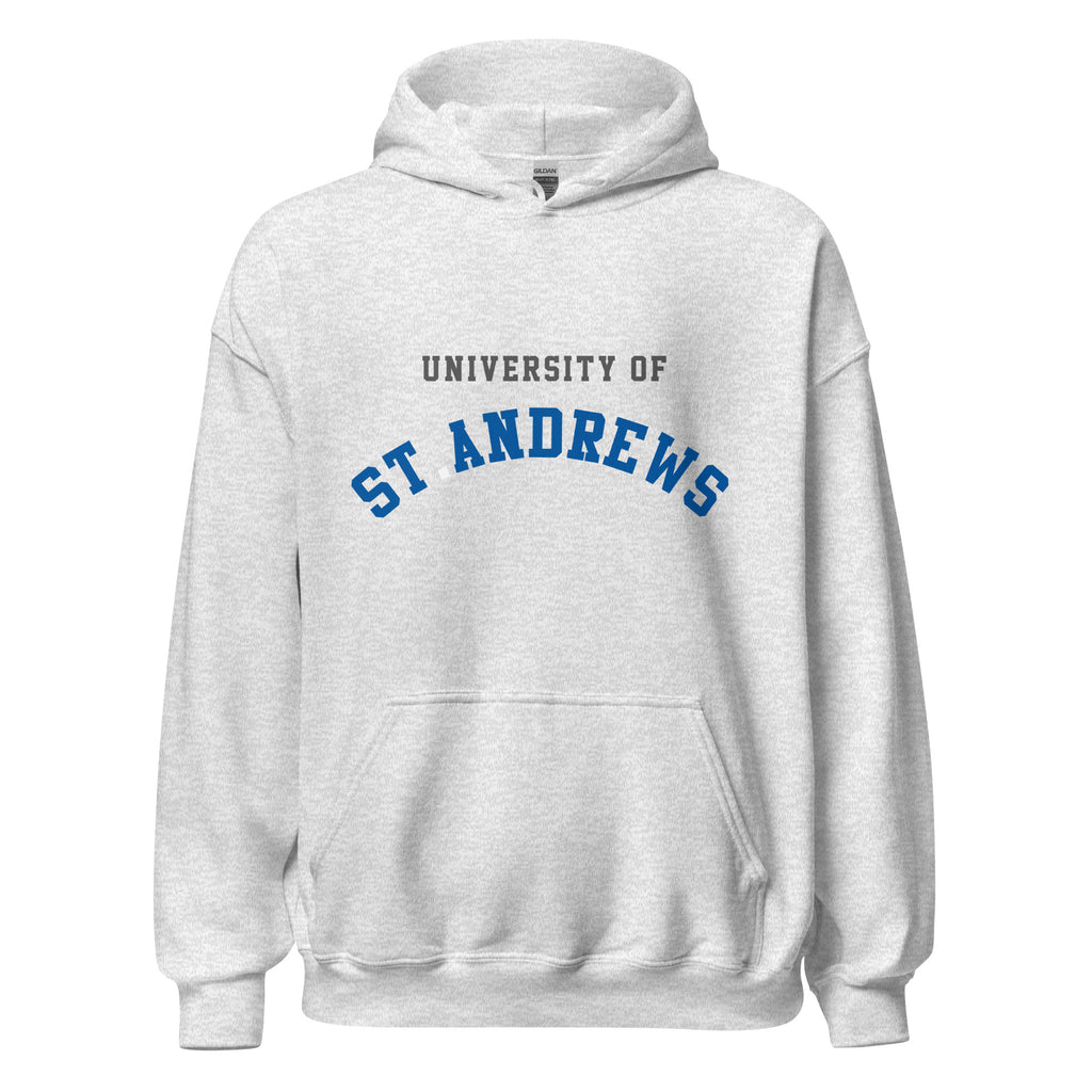 Unisex heather gray hoodie featuring University of St Andrews logo printed across the front chest