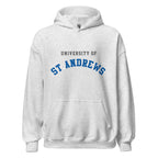 Unisex heather gray hoodie featuring University of St Andrews logo printed across the front chest