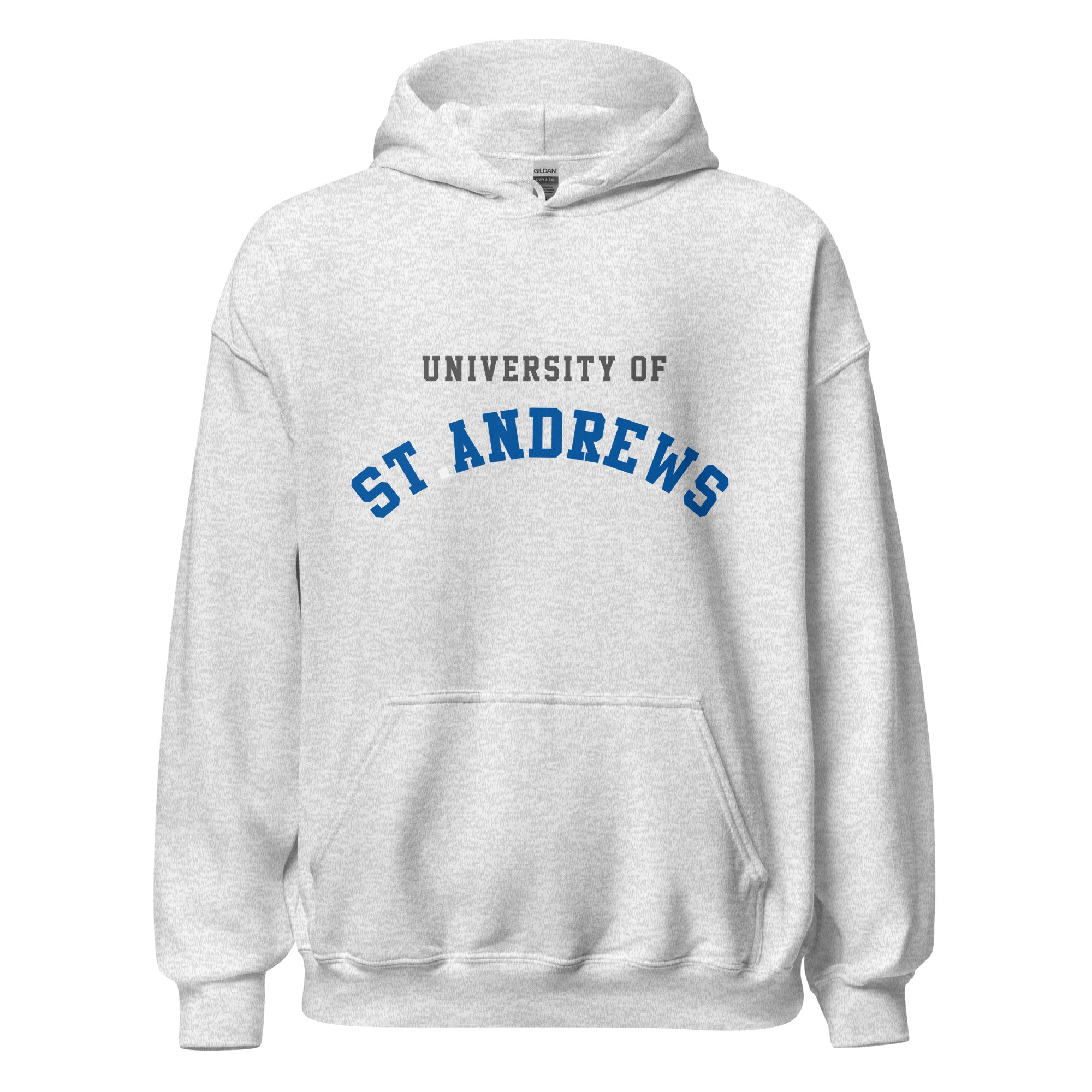 Unisex heather gray hoodie featuring University of St Andrews logo printed across the front chest