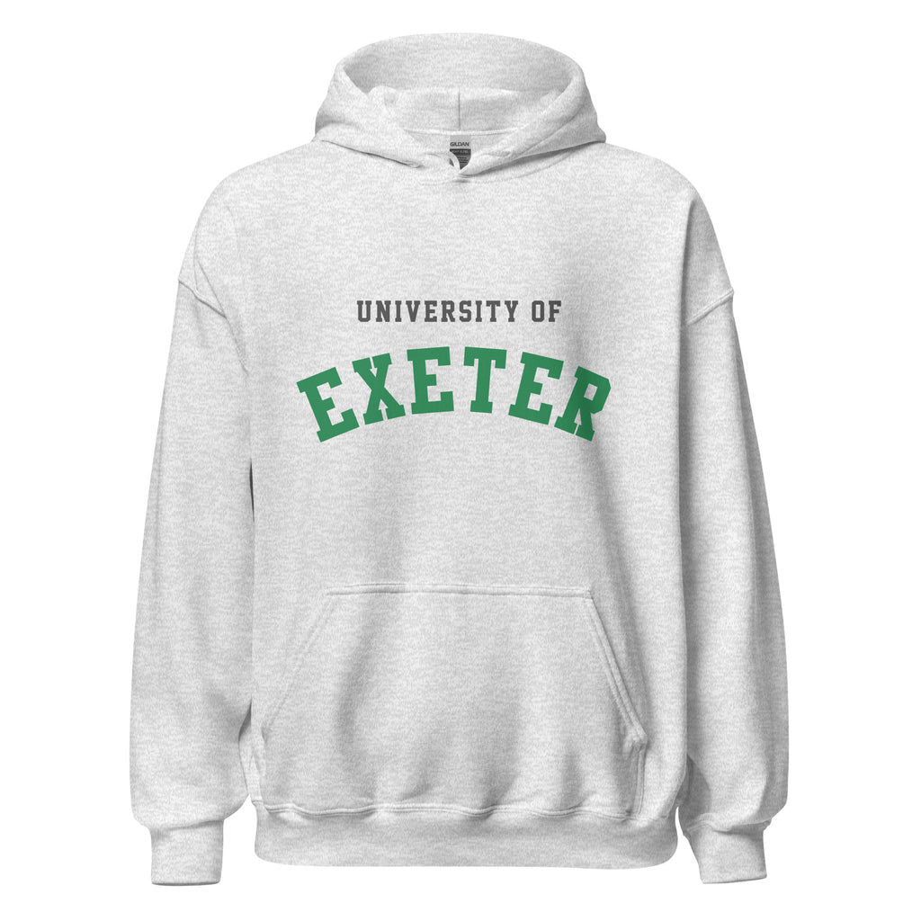 Unisex black hoodie featuring University of Exeter logo printed across the front chest