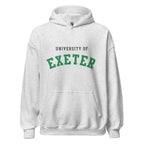 Unisex black hoodie featuring University of Exeter logo printed across the front chest