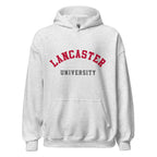 Unisex heather gray hoodie featuring Lancaster University logo printed across the front chest