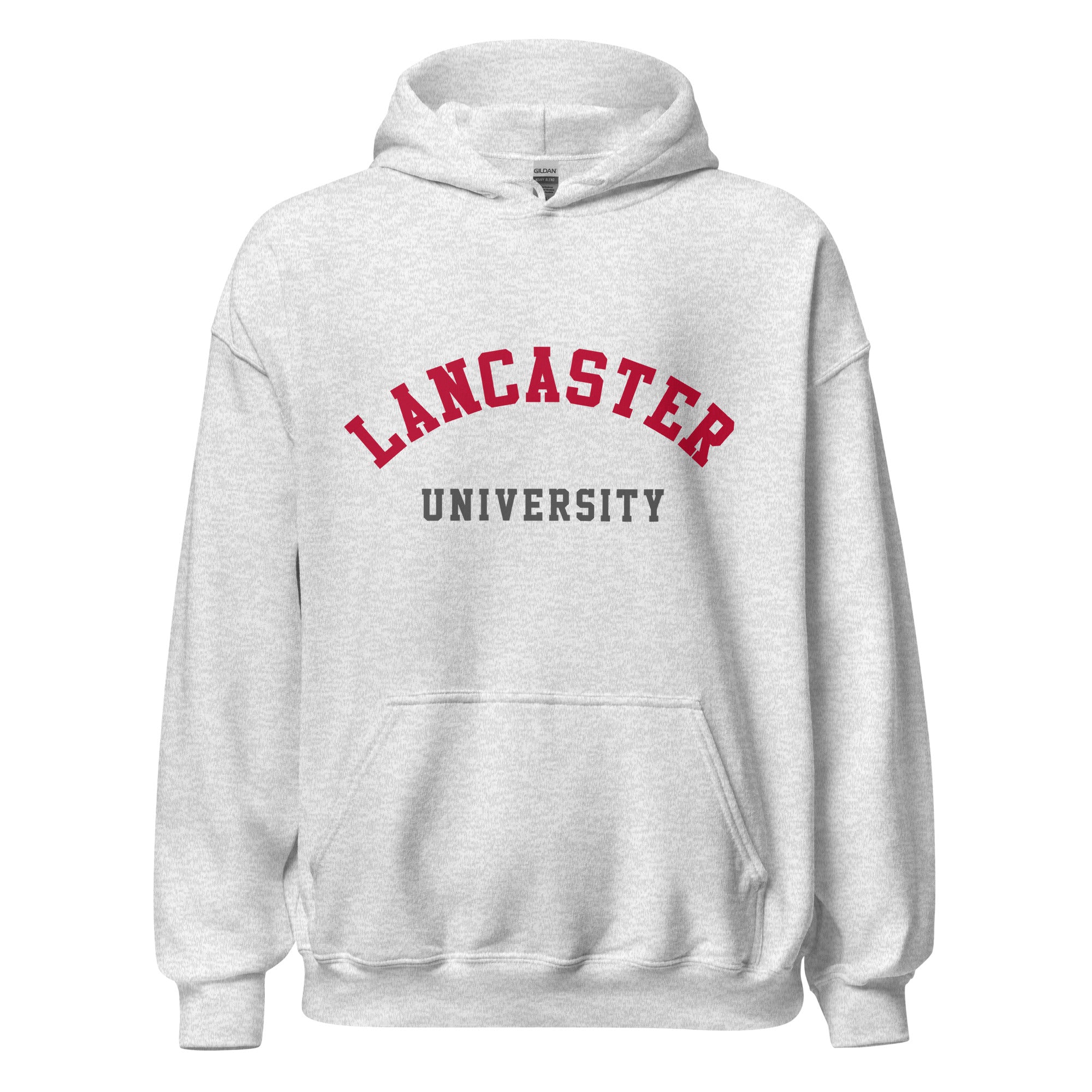Unisex heather gray hoodie featuring Lancaster University logo printed across the front chest