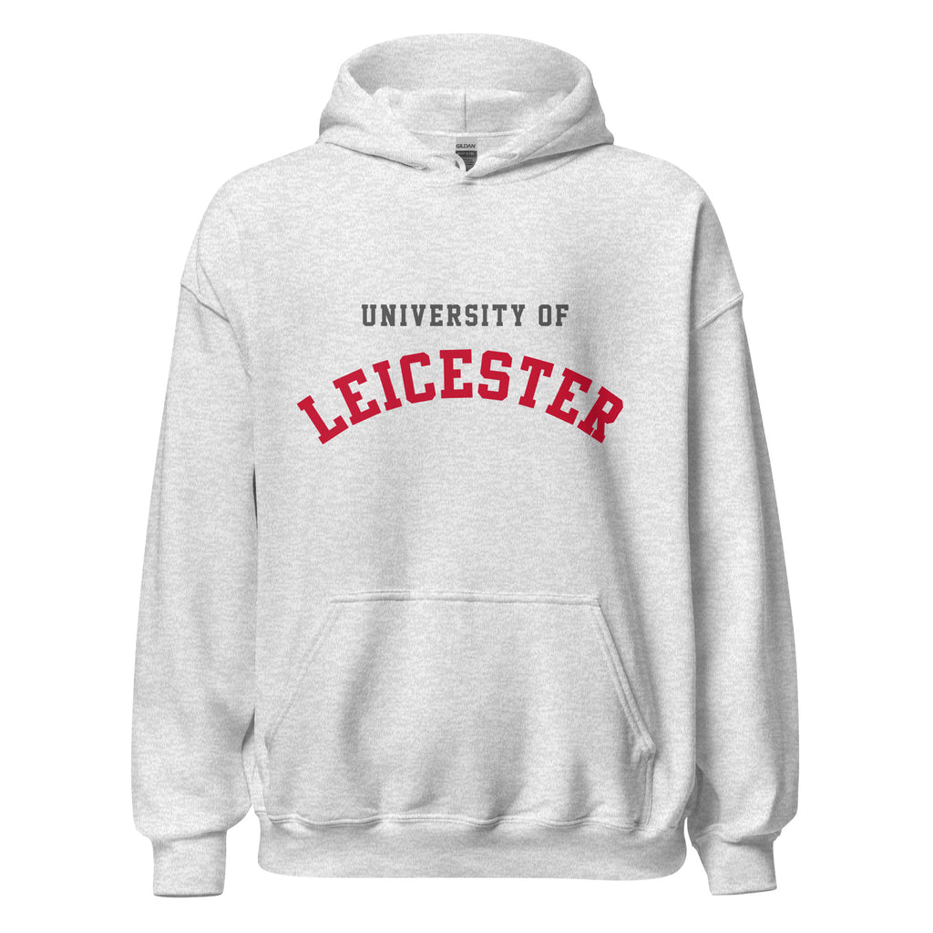 Unisex heather gray hoodie featuring University of Leicester logo printed across the front chest