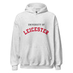 Unisex heather gray hoodie featuring University of Leicester logo printed across the front chest