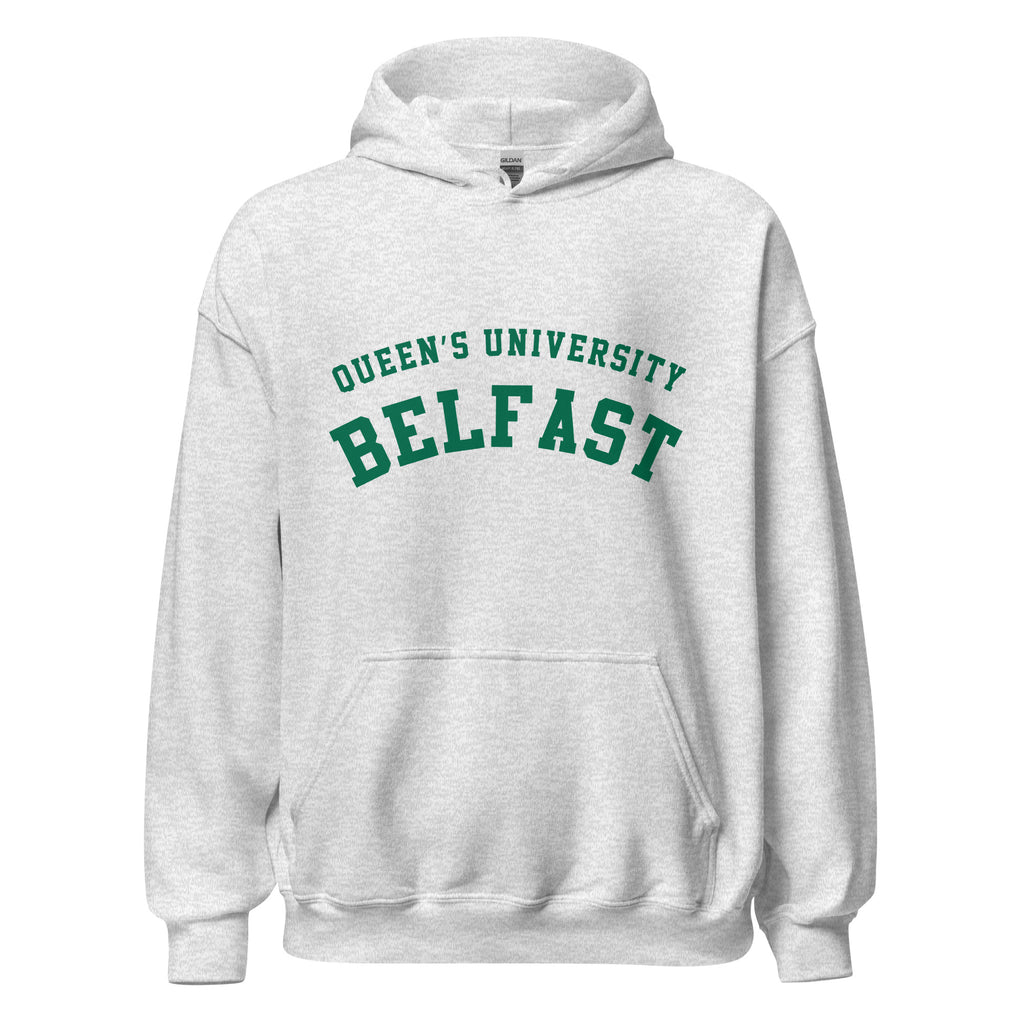 Unisex heather gray hoodie featuring Queen's University Belfast logo printed across the front chest
