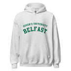 Unisex heather gray hoodie featuring Queen's University Belfast logo printed across the front chest