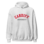 Unisex black hoodie featuring Cardiff University logo printed across the front chest