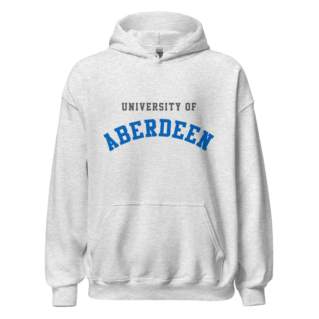 Unisex heather gray hoodie featuring University of Aberdeen logo printed across the front chest