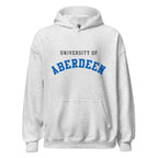 Unisex heather gray hoodie featuring University of Aberdeen logo printed across the front chest