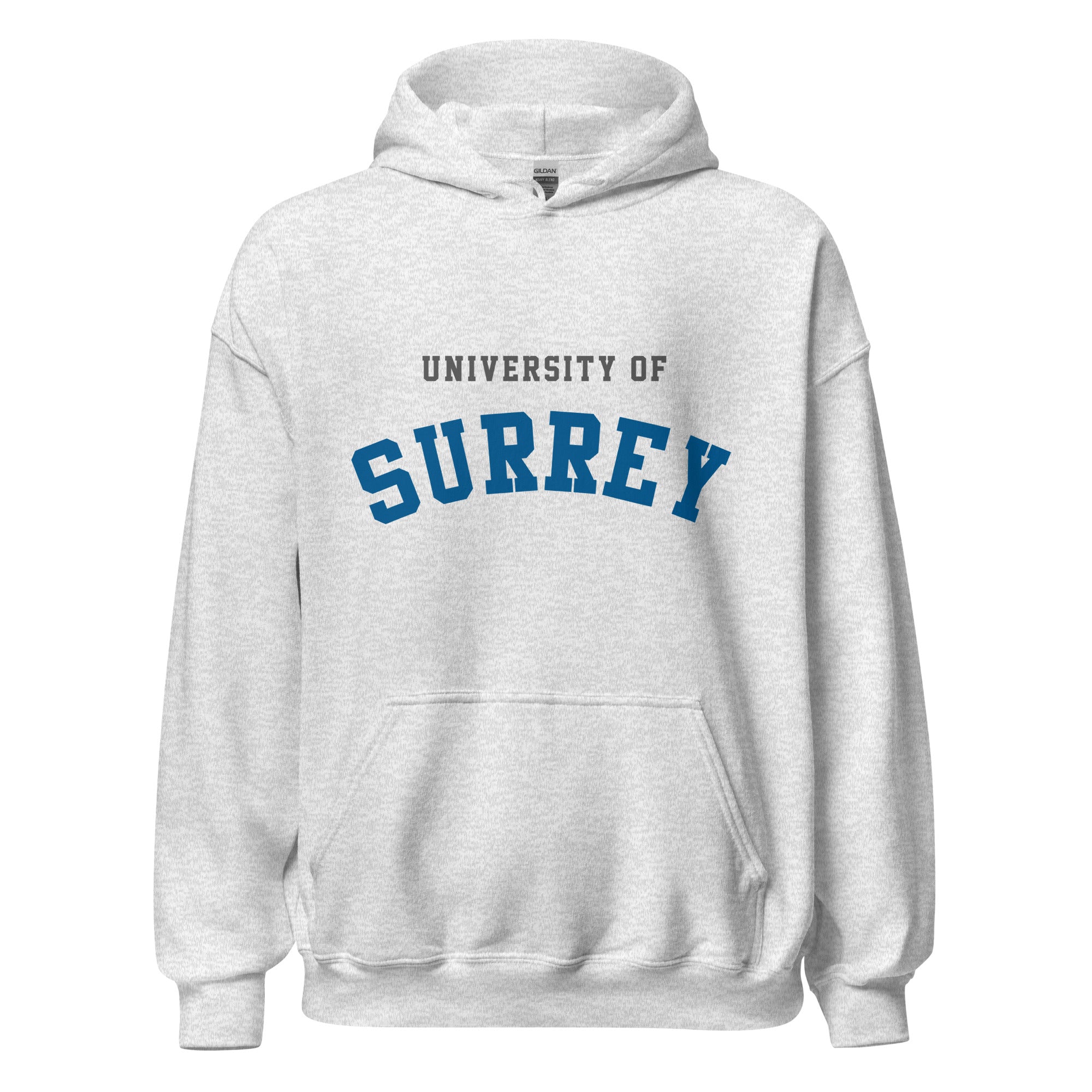 Unisex heather gray hoodie featuring University of Surrey logo printed across the front chest