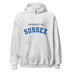 Unisex heather gray hoodie featuring University of Sussex logo printed across the front chest