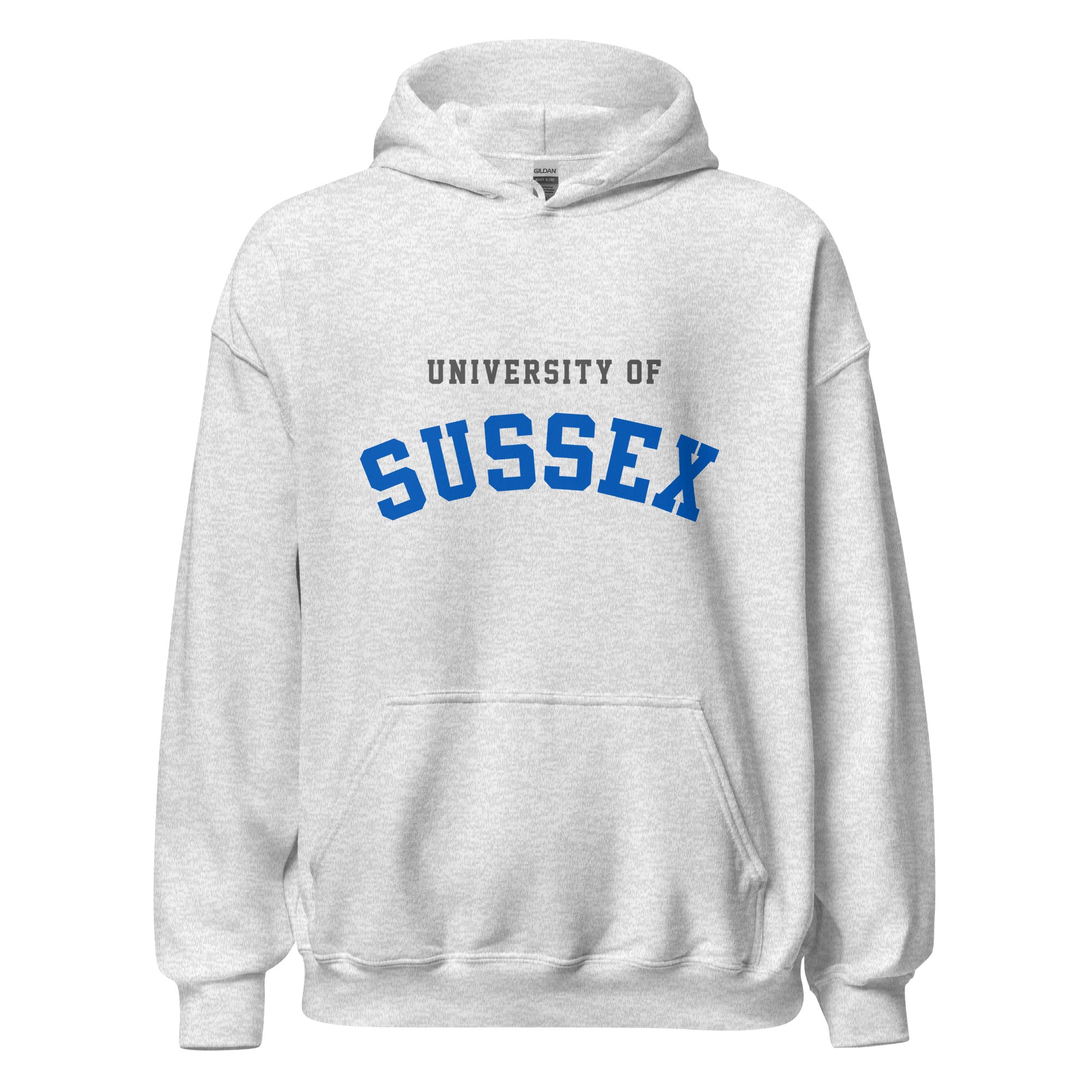 Unisex heather gray hoodie featuring University of Sussex logo printed across the front chest