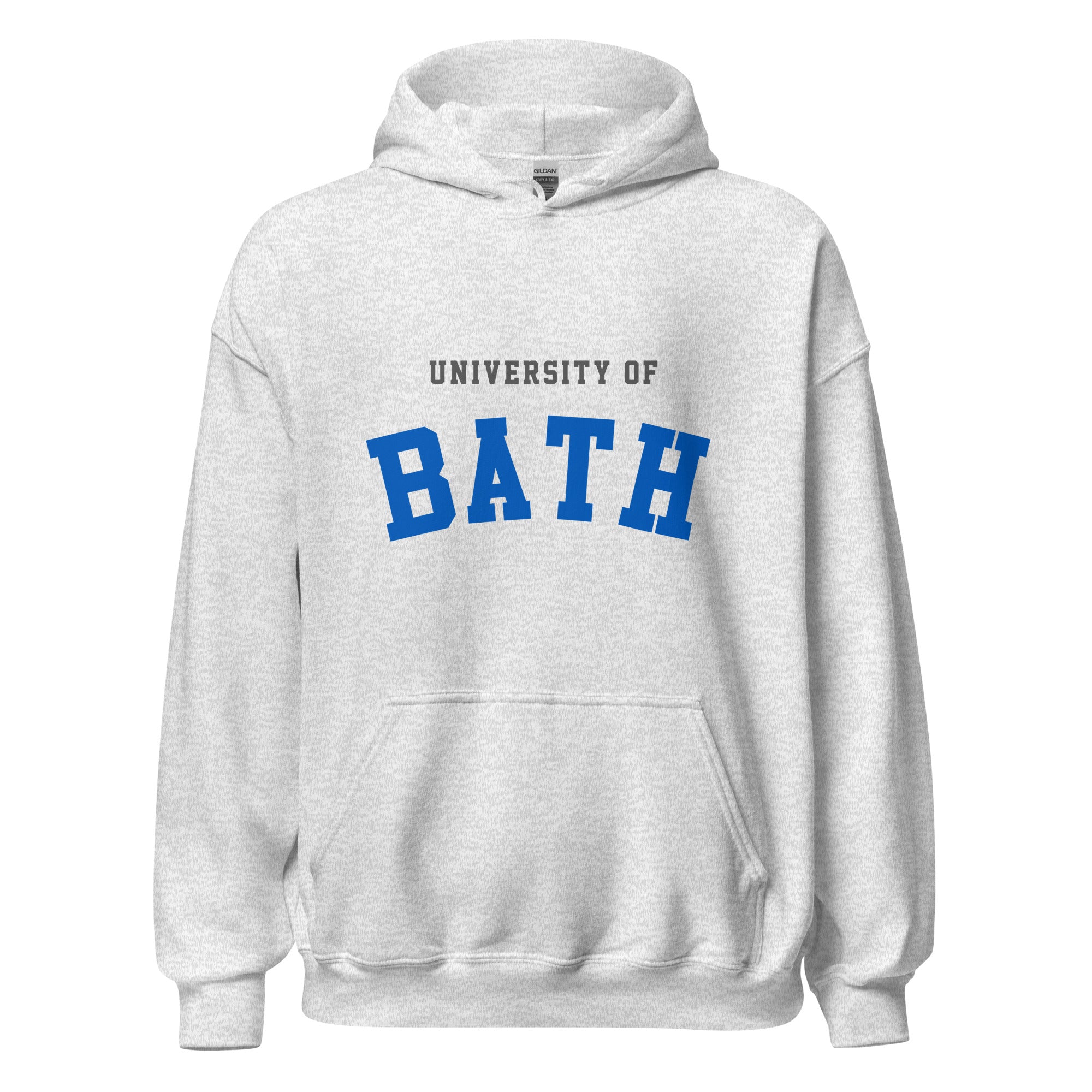 Unisex heather gray hoodie featuring University of Bath logo printed across the front chest