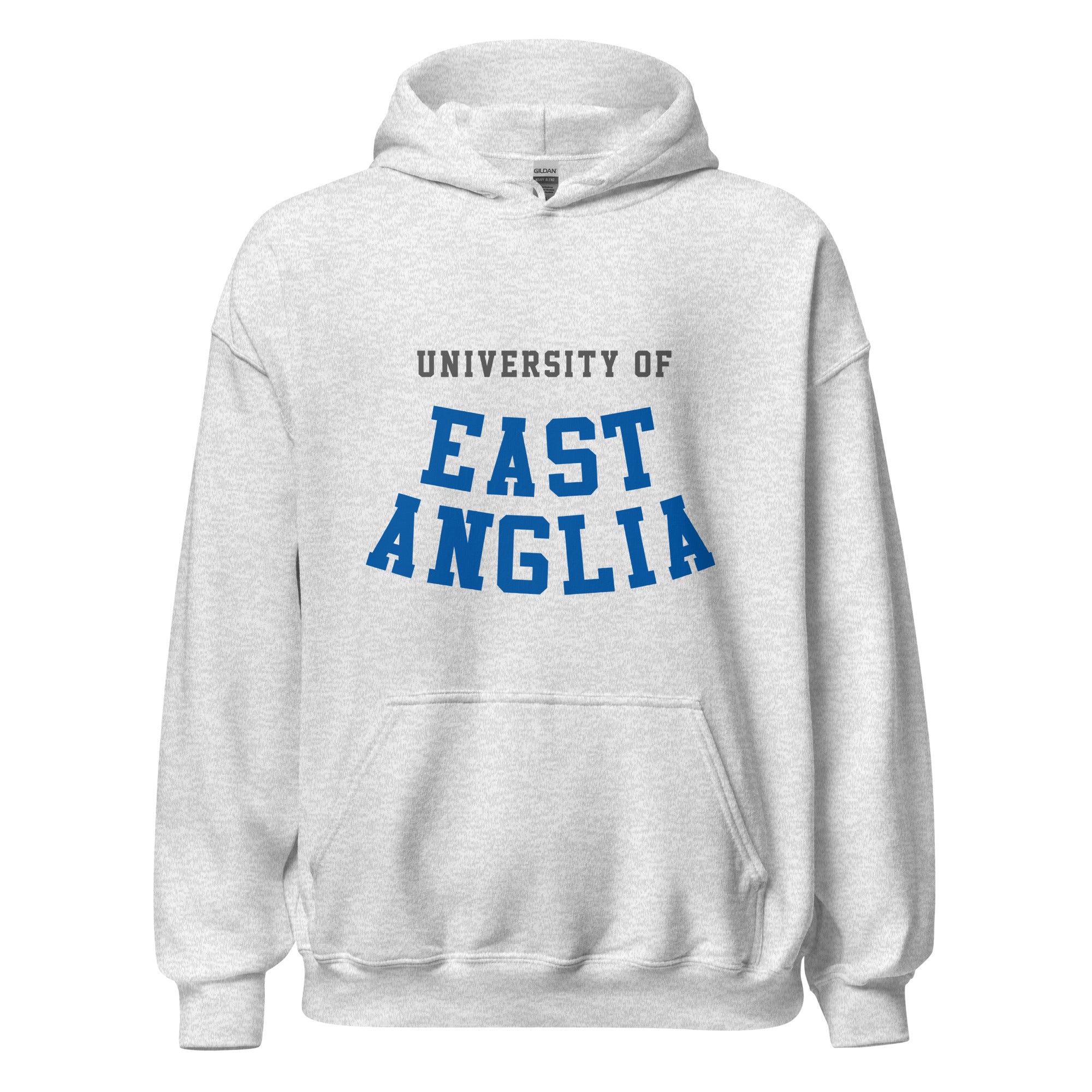 Unisex heather gray hoodie featuring University of East Anglia logo printed across the front chest