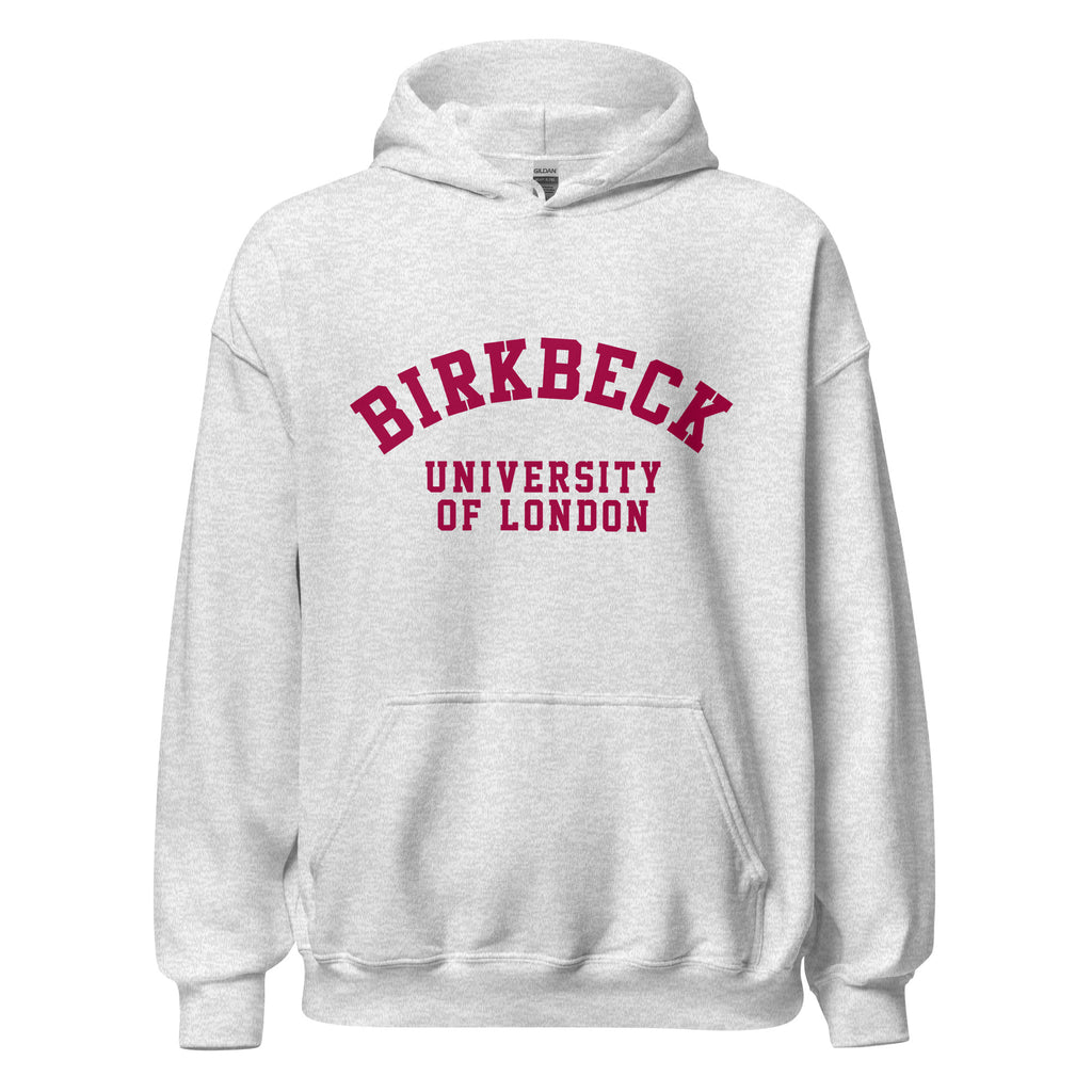 Unisex heather gray hoodie featuring Birkbeck, University of London logo printed across the front chest