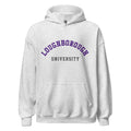 Unisex black hoodie featuring Loughborough University logo printed across the front chest