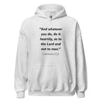 Unisex black hoodie with Colossians 3:23 Bible verse printed across the chest