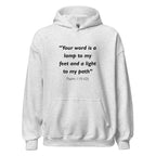 Unisex black hoodie with Psalm 119:105 Bible verse printed in black text on front