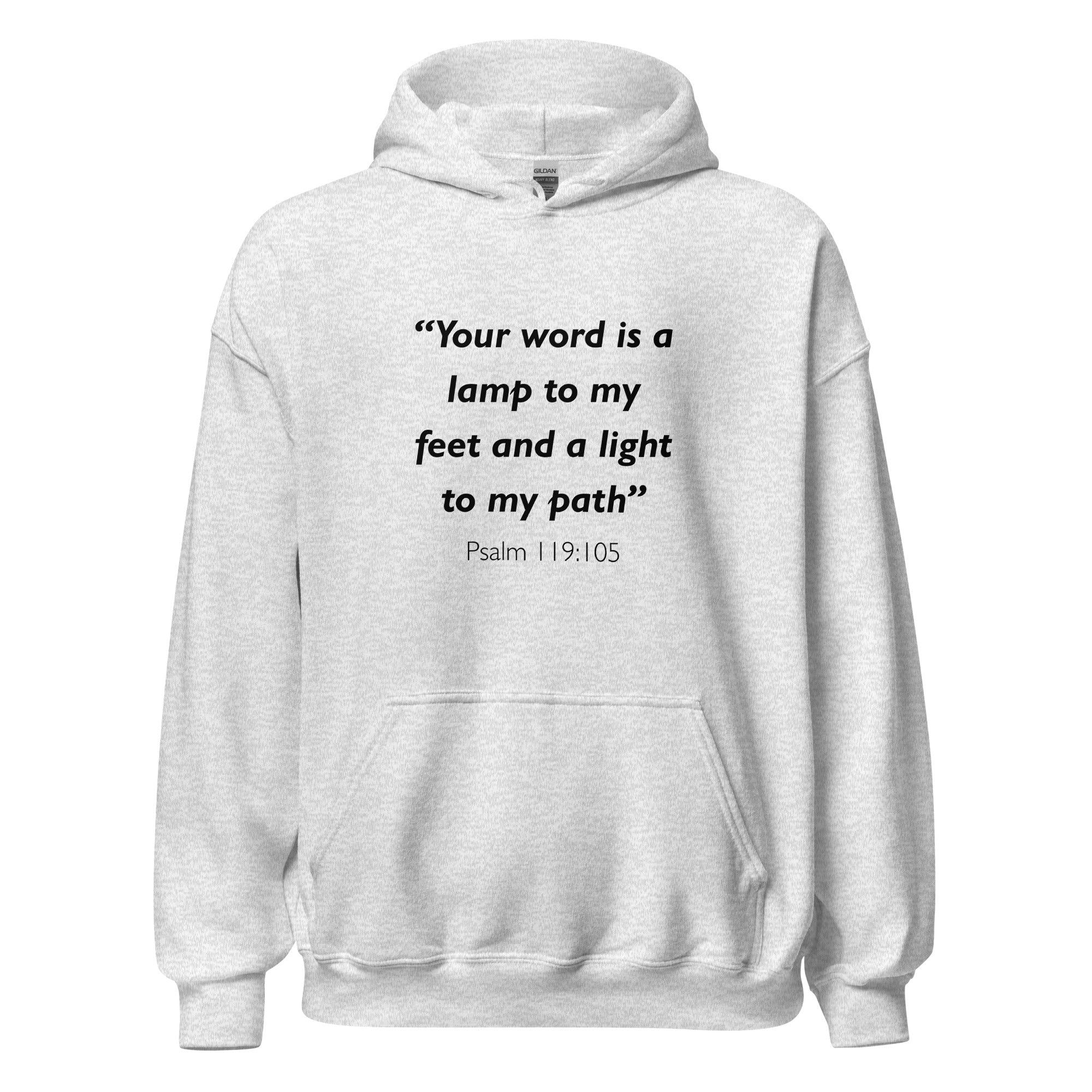 Unisex black hoodie with Psalm 119:105 Bible verse printed in black text on front