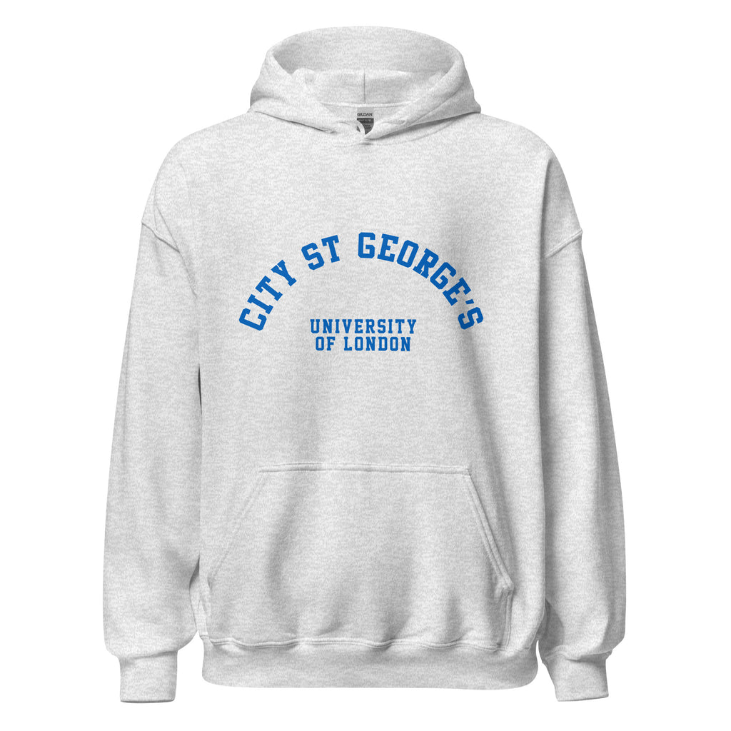 Unisex black hoodie featuring St George's, University of London logo printed across the front chest