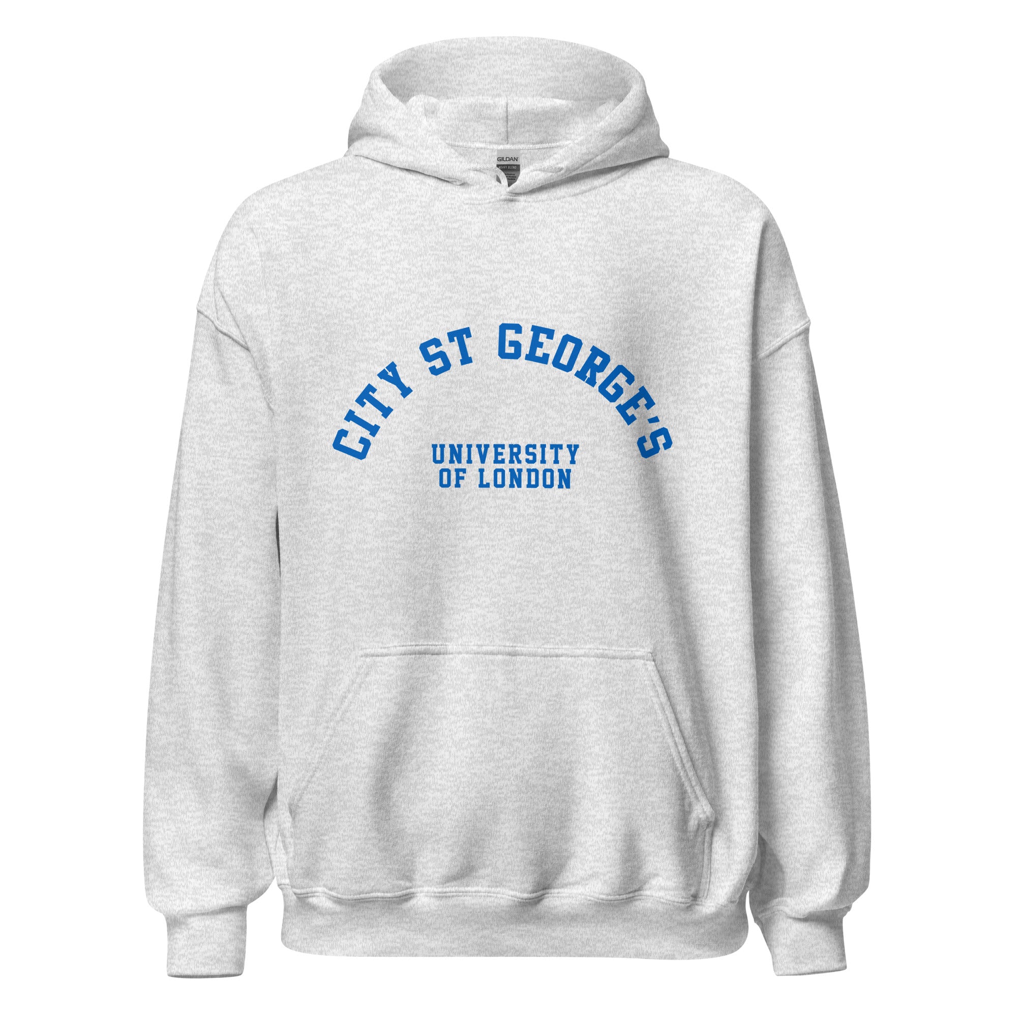 Unisex black hoodie featuring St George's, University of London logo printed across the front chest