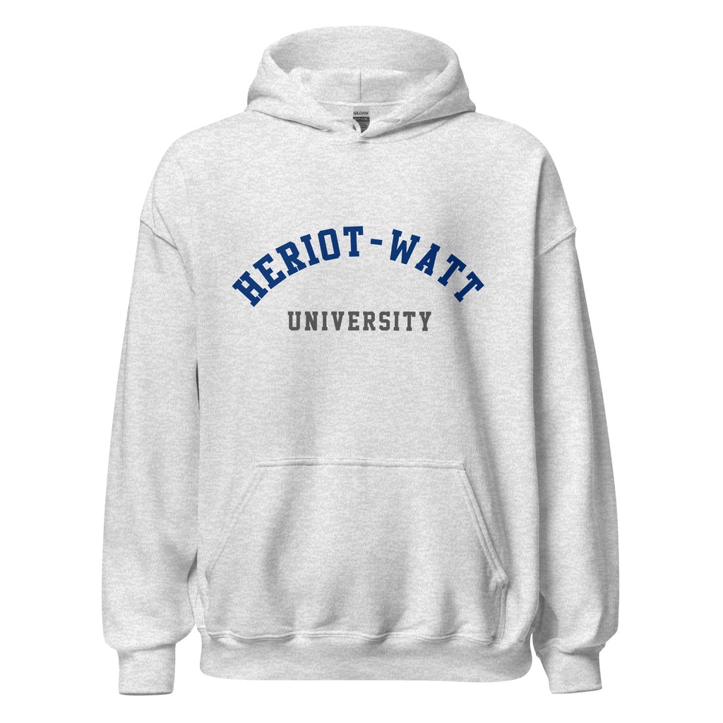 Unisex navy blue hoodie featuring Heriot-Watt University logo printed across the front chest