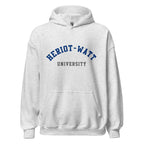 Unisex navy blue hoodie featuring Heriot-Watt University logo printed across the front chest