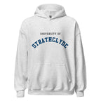 Unisex heather gray hoodie featuring University of Strathclyde logo printed across the front chest