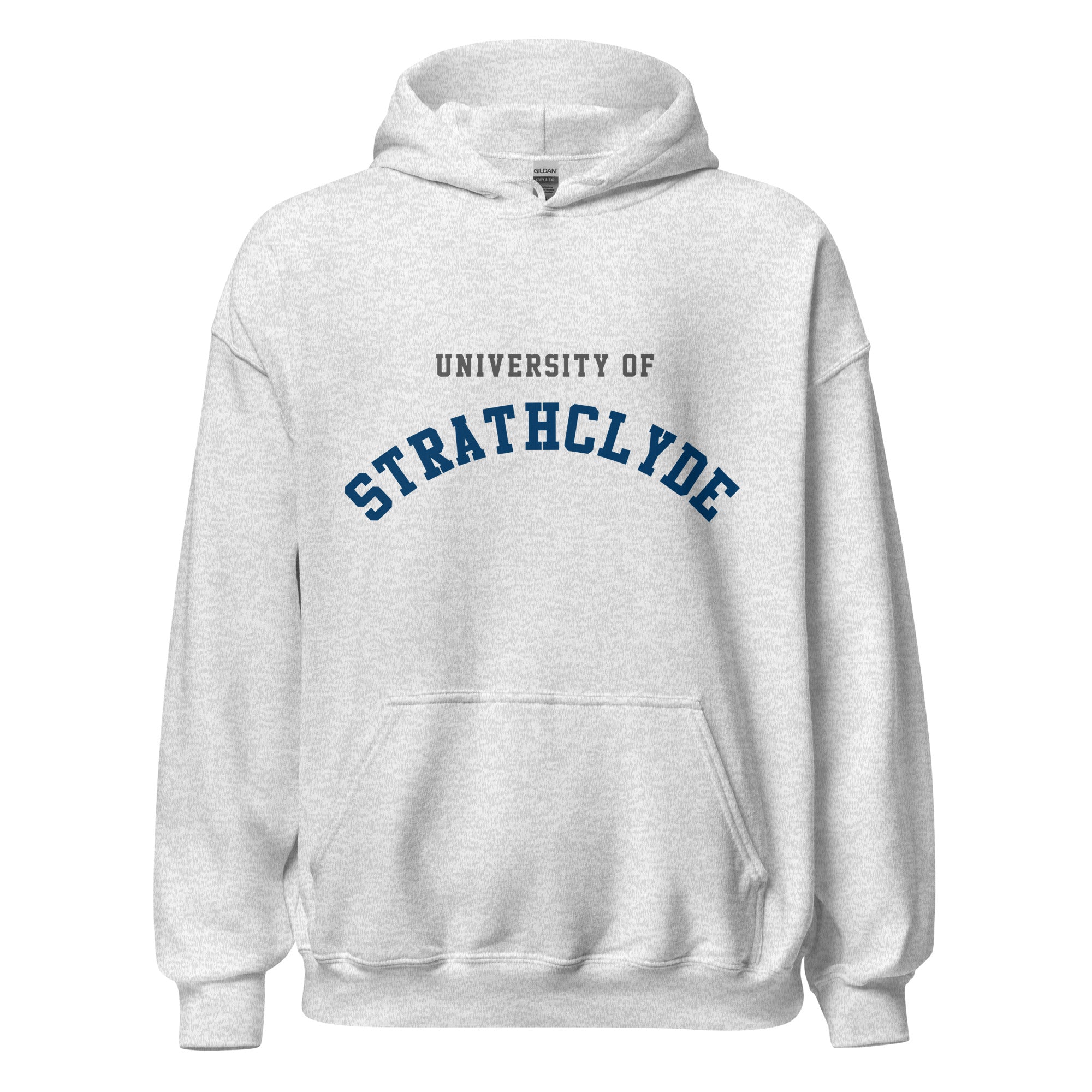 Unisex heather gray hoodie featuring University of Strathclyde logo printed across the front chest