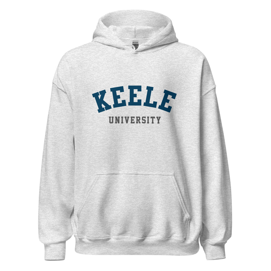 Unisex heather gray hoodie featuring Keele University logo printed across the front chest