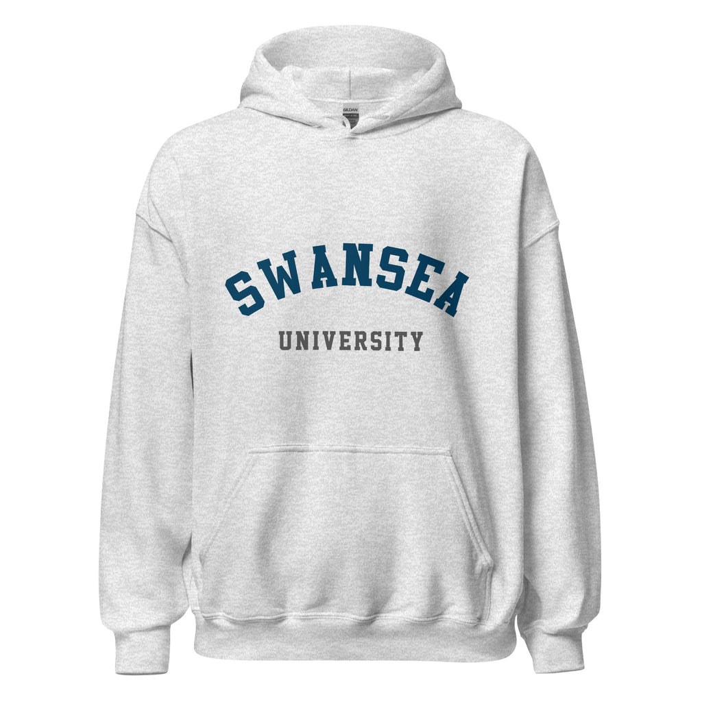 Unisex heather gray hoodie featuring Swansea University logo printed across the front chest