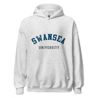 Unisex heather gray hoodie featuring Swansea University logo printed across the front chest