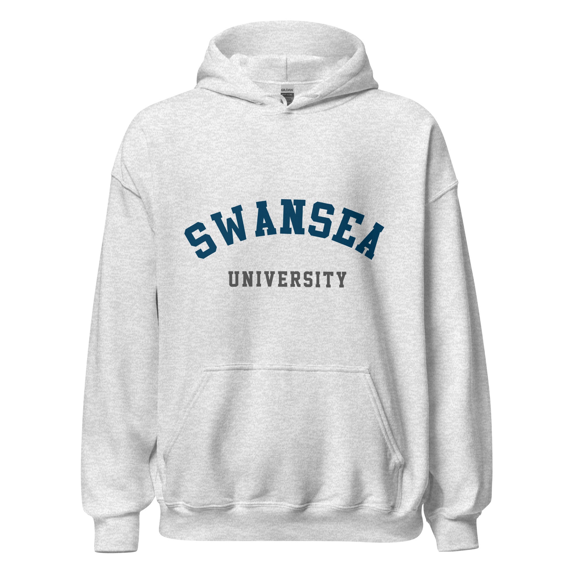 Unisex heather gray hoodie featuring Swansea University logo printed across the front chest