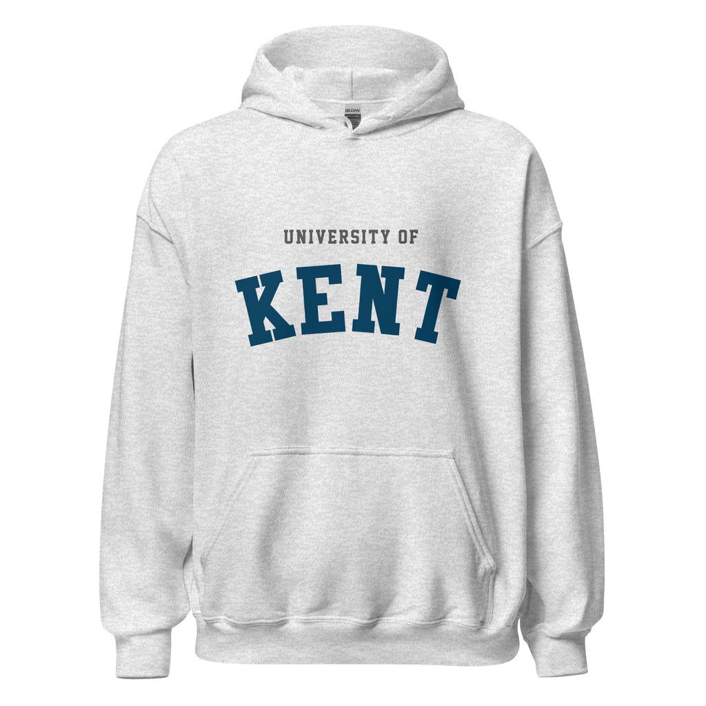 Unisex heather gray hoodie featuring University of Kent logo printed across the front chest