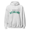Unisex black hoodie featuring University of Stirling logo printed across the front chest