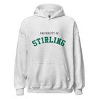 Unisex black hoodie featuring University of Stirling logo printed across the front chest