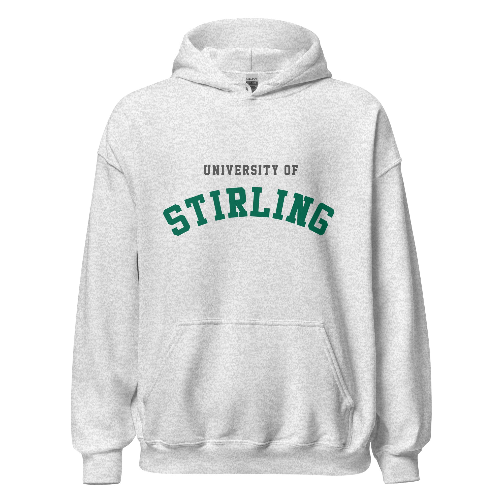 Unisex black hoodie featuring University of Stirling logo printed across the front chest