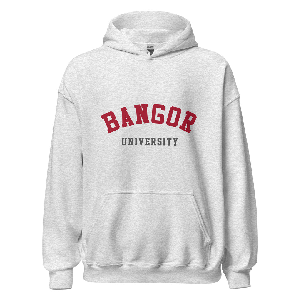 Unisex black hoodie featuring Bangor University logo printed across the front chest