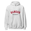 Unisex black hoodie featuring Bangor University logo printed across the front chest