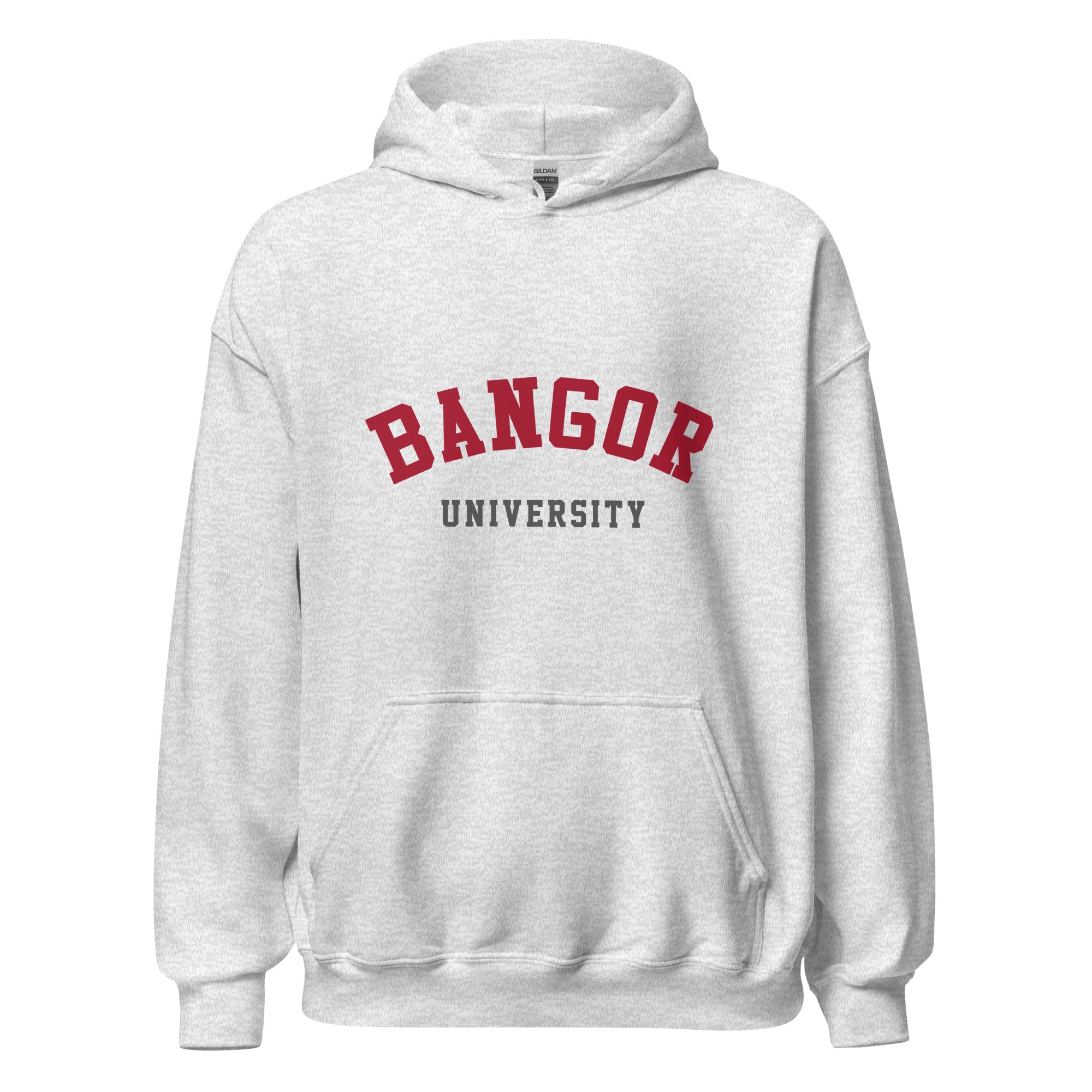 Unisex black hoodie featuring Bangor University logo printed across the front chest