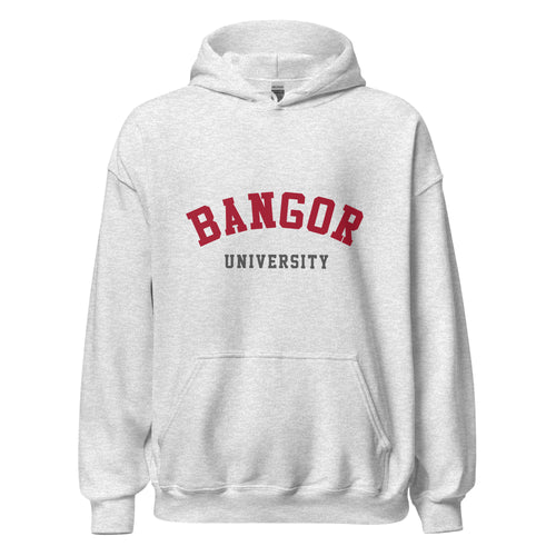 Unisex black hoodie featuring Bangor University logo printed across the front chest