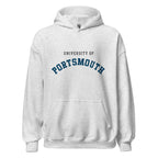 Unisex black hoodie featuring University of Portsmouth logo printed across the front chest