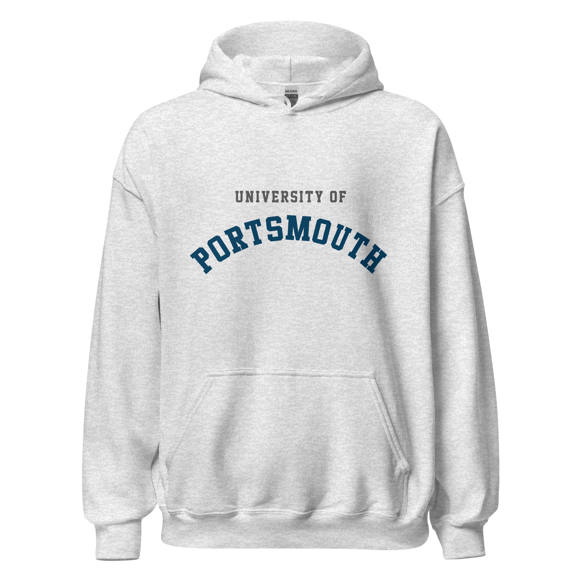 Unisex black hoodie featuring University of Portsmouth logo printed across the front chest