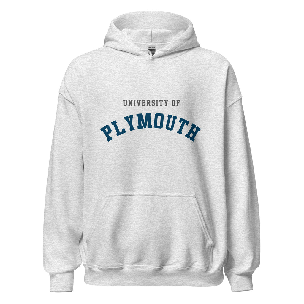 Unisex black hoodie featuring University of Plymouth logo printed across the front chest