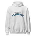 Unisex black hoodie featuring University of Plymouth logo printed across the front chest