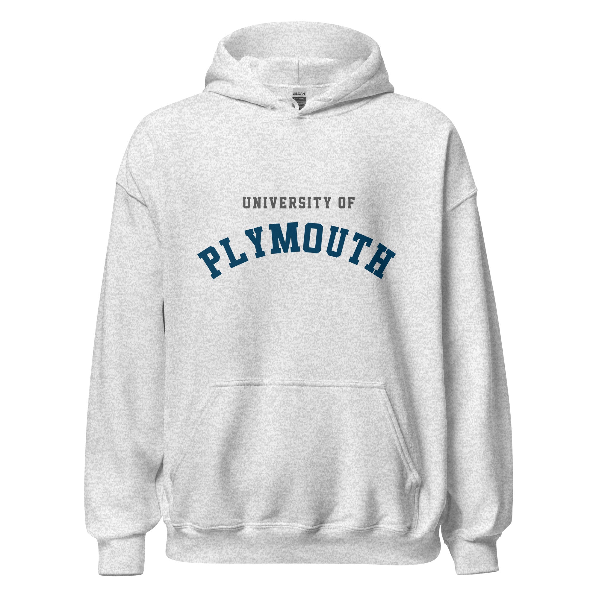 Unisex black hoodie featuring University of Plymouth logo printed across the front chest